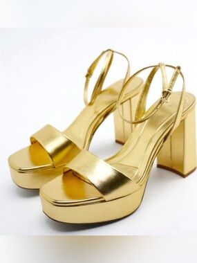Zara Gold Leather Platform Sandals